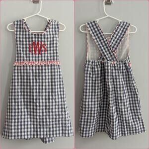 Girls The Bella Bean Gingham Blue Red Dress 4T Cotton Criss Cross Back MONOGRAM